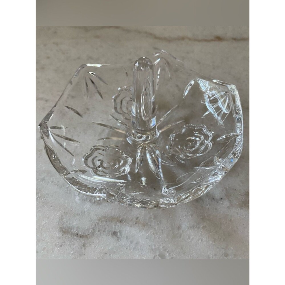 Vintage Floral Etched Crystal Ring Dish